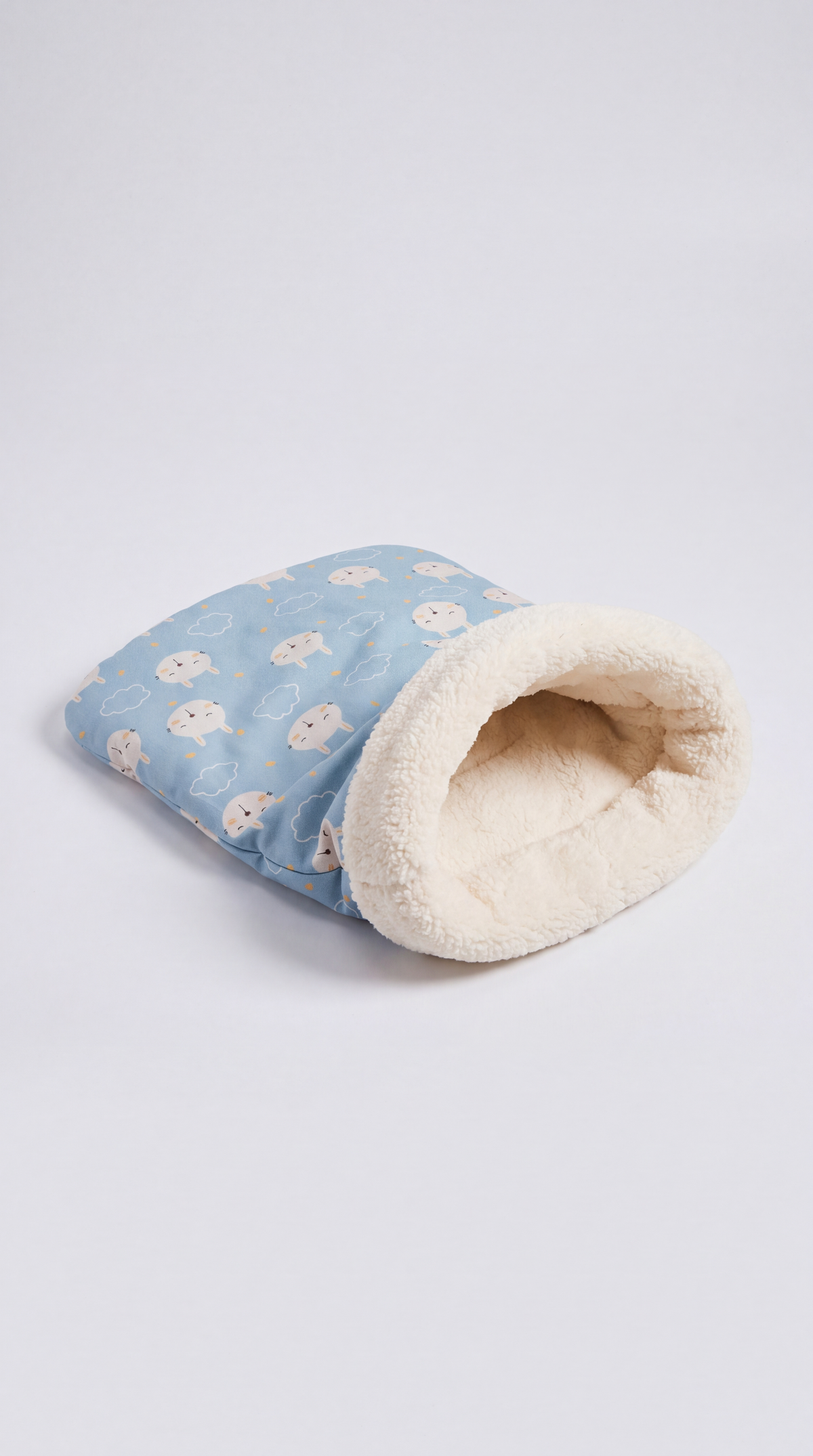 Blue Cozy Cave Cat Bed with lamb and cloud print and cream sherpa-lined hood